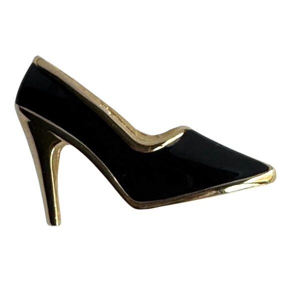 Gold tone and Black Enamel Brooch Pin Ladies Shoe Pump Heels - Picture 1 of 3